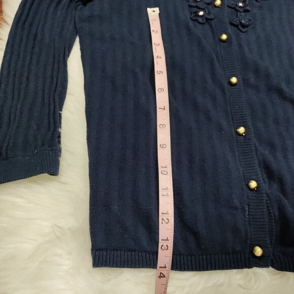 Juicy Couture Navy Blue Floral Embroidery Silk Cashmere Knit Cardigan Size Large - Picture 14 of 15